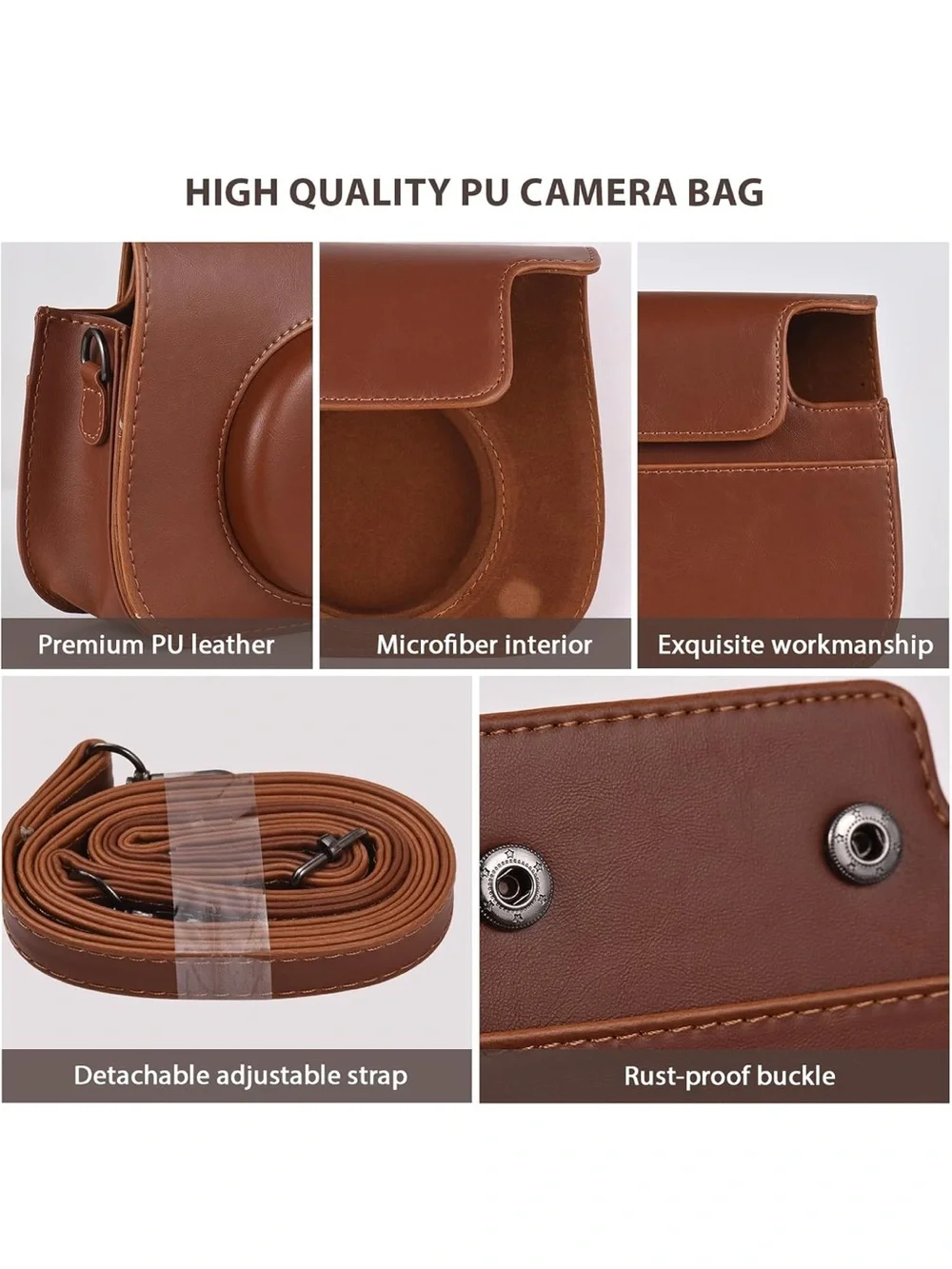 Brown PU Leather Instax Camera Bag Case with Detachable Strap EUC Instax Mini 8
